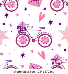 pattern with pink princess bike in barbie style vector