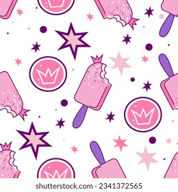 pattern with pink princess signs and ice cream and crowns in barbie style vector