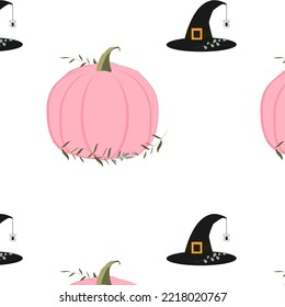 Pattern With A Pink Pumpkin And With A Witch's Hat.