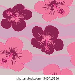 Pattern in pink and purple colors with tropic summertime motif may be used as texture, wrapping paper, textile design. Vector seamless pattern of tropical hibiscus flowers, dense jungle. Hand painted.