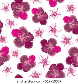 Pattern in pink, purple and magenta colors with tropic summertime motif may be used as texture, fabric, textile design. Vector seamless pattern of tropical hibiscus flowers, dense jungle. Hand painted