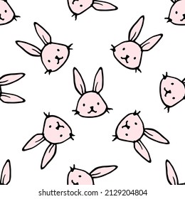 Pattern Of Pink Rabbit Head. Seamless Pattern From The Head Of A Cute Easter Bunny In Cartoon Style In Pink, Black Outline Randomly Positioned On White For A Design Template