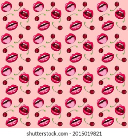 Patrón Pink, labios rojos, boca e ícono de lengua en retro de arte pop.Ilustración de moda y moda a color.