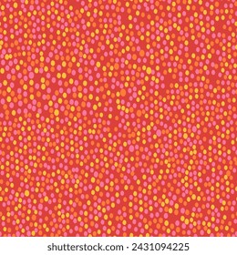 Ein Muster aus rosa, roten und gelben ovalen Punkten auf weißem Hintergrund.