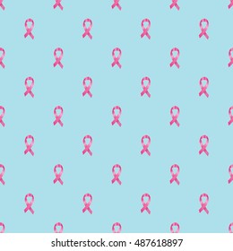 Pattern with pink ribbons against breast cancer on a blue background