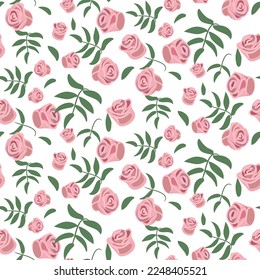 A pattern of pink rose buds with green twigs on a white background. Delicate background for printing on paper and textiles. Print for packaging, postcards for Mother's Day, Valentine's Day, birthday