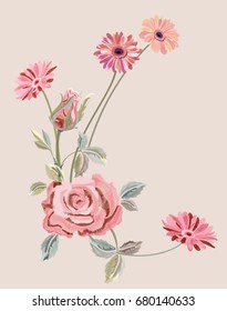 Pattern with pink rose and gerbera daisy, embroidery (imitation satin stitches) red, pink flowers, leaves on vintage background, digital draw, decorative illustration, ornament for fashion, vector