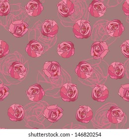 pattern with pink roses on the grey linear background