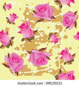 Pattern with pink roses on yellow background, pattern Textile, seamless pattern, floral wallpaper