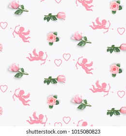 Pattern with pink roses, pink silhouettes isolated cupids and hearts on a light background. Elegant vector background for design to the Valentines Day, wedding, mothers day, womens day, birthday.