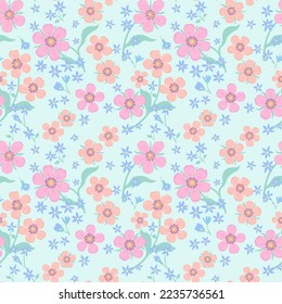 Modalidad rosa, escarlata y flores azules pequeñas con tallos verdes sobre un fondo turquesa.