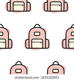 Pattern with pink school backpack icon, combining line art style and abstract color spots, for school print, textile or other various designs