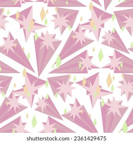 A pattern of pink shooting stars. A magical decoration on a white background. Shades of pink with a colored glow, mother-of-pearl shine. Shine, bling, stars, light, ray. printing on textiles and paper