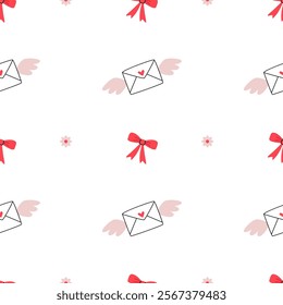 Pattern in pink simple flowers, bows and envelopes with wings on a white background. Valentine's Day.