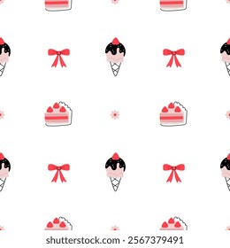 Pattern with pink simple flowers, red bows, sweets, cake and chocolate ice cream on a white background. Valentine's Day.