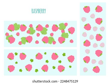 Pattern of pink simple raspberries with green leaves on a blue background
