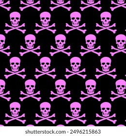 Pattern of pink skulls on a black background. Can be used as a background. Seamless pattern.
