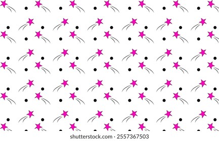 Pattern of Pink Stars and Black Dots on a White Background