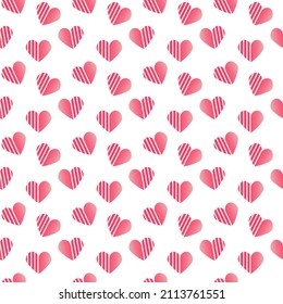 Pattern with pink striped hearts. Festive illustration for Valentines Day, birthday, weddings. Vector illustration isolated on white background. For souvenir shops, prints, labels, logos and social