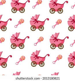 pattern with pink strollers and a rattle with a bow for a girl