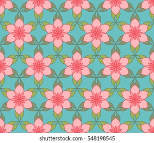 Pattern of pink stylized lotus flowers with curved leaves on light blue background. Vector seamless repeat. 