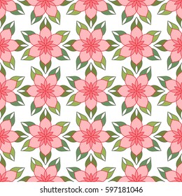 Pattern of pink stylized lotus flowers with curved leaves on white background. Vector seamless repeat. 