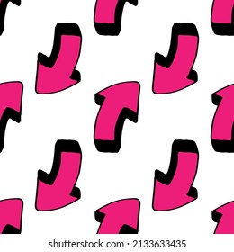a pattern of pink three-dimensional arrows. seamless pattern of frequently placed randomly placed curved arrows drawn in the style of pink doodles with a black outline for a design template