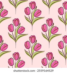 Pattern with pink tulip flower in flat style. Floral pattern for textile, wall art, fabric, wedding invitation, cover design.