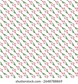  Pattern of pink tulip flowers and green leaves arranged diagonally on a white background, ideal for spring-inspired designs.
