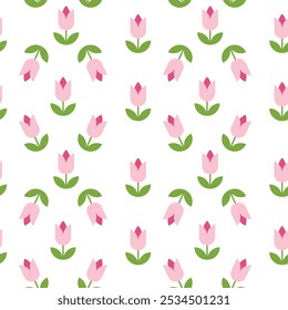 Pattern of pink tulips with green leaves on a white background, suitable for wallpaper or fabric design.