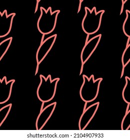 Un patrón con tulipanes rosados sobre un fondo negro. Un simple fondo vectorial para el diseño de estilo doodle para paquetes, sitios web, impresión de tela y postales. Ilustración romántica primavera.