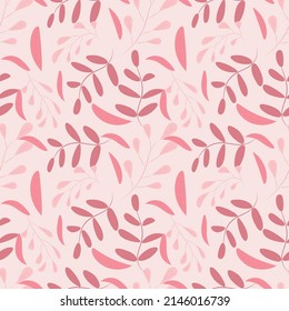 Pattern of pink twigs and leaves. For packaging and fabrics. Delicate ornament. Vector.