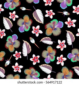 Pattern in pink and violet colors with tropic summertime motif may be used as texture, wrapping paper, textile design. Vector seamless pattern of tropical hibiscus flowers, dense jungle. Hand painted.