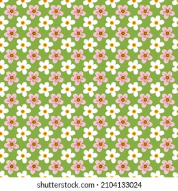 Pattern with pink and white flowers on a green background. Floral ornament. Vector illustration. For covers, prints, packaging, flyers, fabrics, fashion industry and shops, stationery.