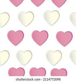 Pattern with pink and white hearts on a white background. Vector design for paper, cover, gift wrapping, fabric, indoor decor and other uses.