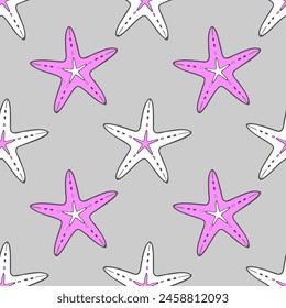 Pattern with pink and white starfish in doodle style on gray background.