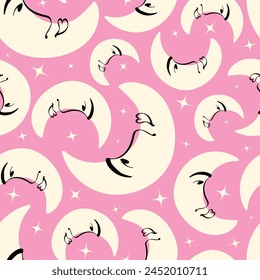 A pattern of pink and yellow crescent moons with stars. The pattern is made up of many small crescent moons, each with a different expression. Scene is whimsical and playful