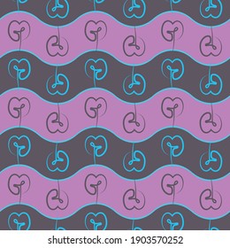 estampado de rayas rosadas-grises con líneas onduladas azules y flores de forma cardíaca dibujadas en una línea