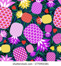 Pattern of pink-purple-yellow pineapples and hearts on a graphic black and green background. Isolated abstract fruits. Seamless ornament.