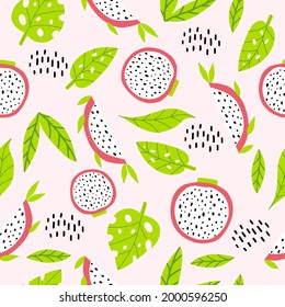 Ein Muster mit Pitahaya und Blättern. Nahtlose Muster mit nützlichen Früchten für die Gestaltung von Stoffen, Kleidung, Tapeten. Pitahaya mit Blättern im Doodle-Stil. Cute Set für den Druck auf Kleider