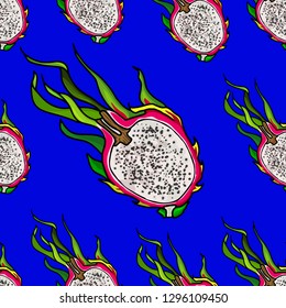 Pattern with pitaya vector. Tropical fruit. Bright dragon fruit.