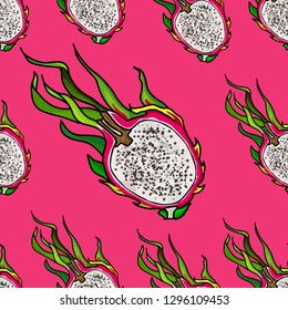 Pattern with pitaya vector. Tropical fruit. Bright dragon fruit.