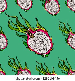 Pattern with pitaya vector. Tropical fruit. Bright dragon fruit.