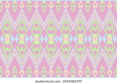 Un patrón con un estilo de pixel art con un diseño simétrico en colores pastel. Los colores principales incluyen el rosa suave como fondo, con diseños en verde claro, azul claro y amarillo pálido