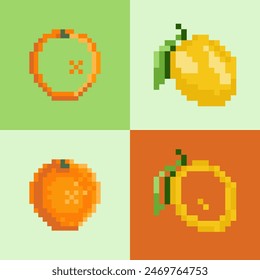 Un patrón de frutos de píxel de naranja y limón sobre un fondo aislado.