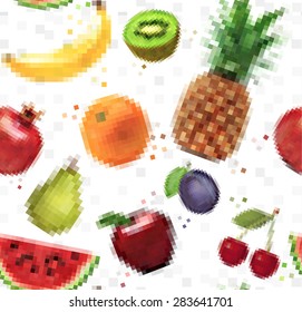 Pattern pixel fruits pineapple, pear, apple, grapes, kiwi, watermelon, plum, banana, pomegranate, cherry, orange, apple drawing on  white background