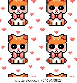 Pattern Pixel ginger cat with bow and hearts, isolated