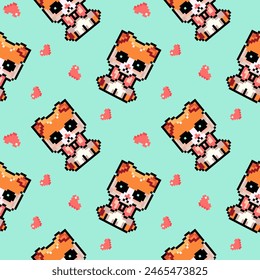 Pattern Pixel ginger cat with bow and hearts, isolated