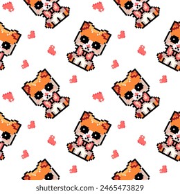 Pattern Pixel ginger cat with bow and hearts, isolated