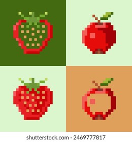 Ein Muster von Pixel-Icons von Früchten und Beeren von Apfel und Erdbeere auf einem isolierten Hintergrund.